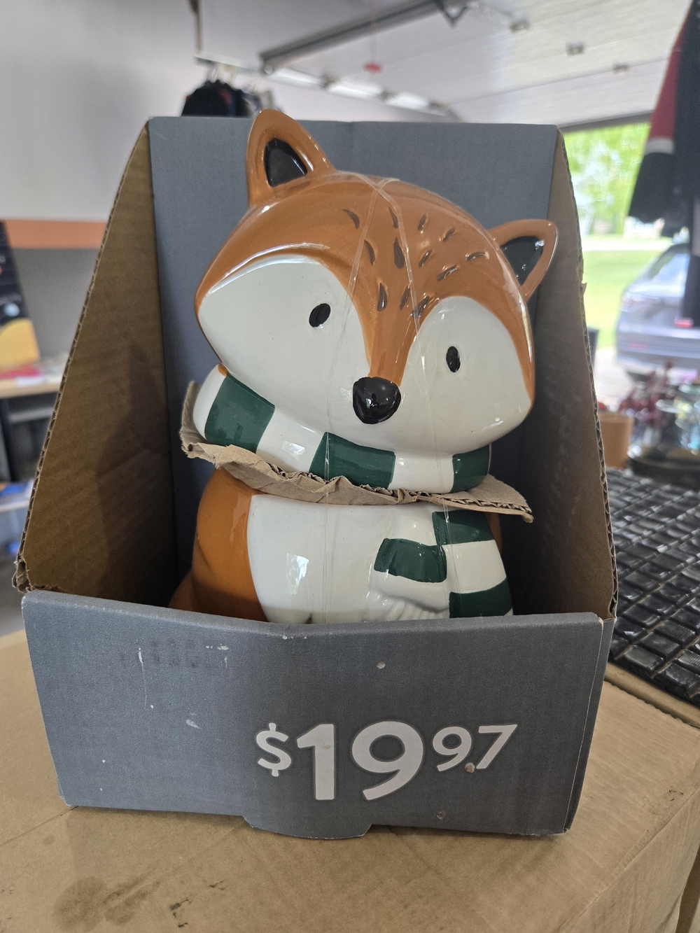 Ceramic Fox Cookie Jar with Green-White Scarf
